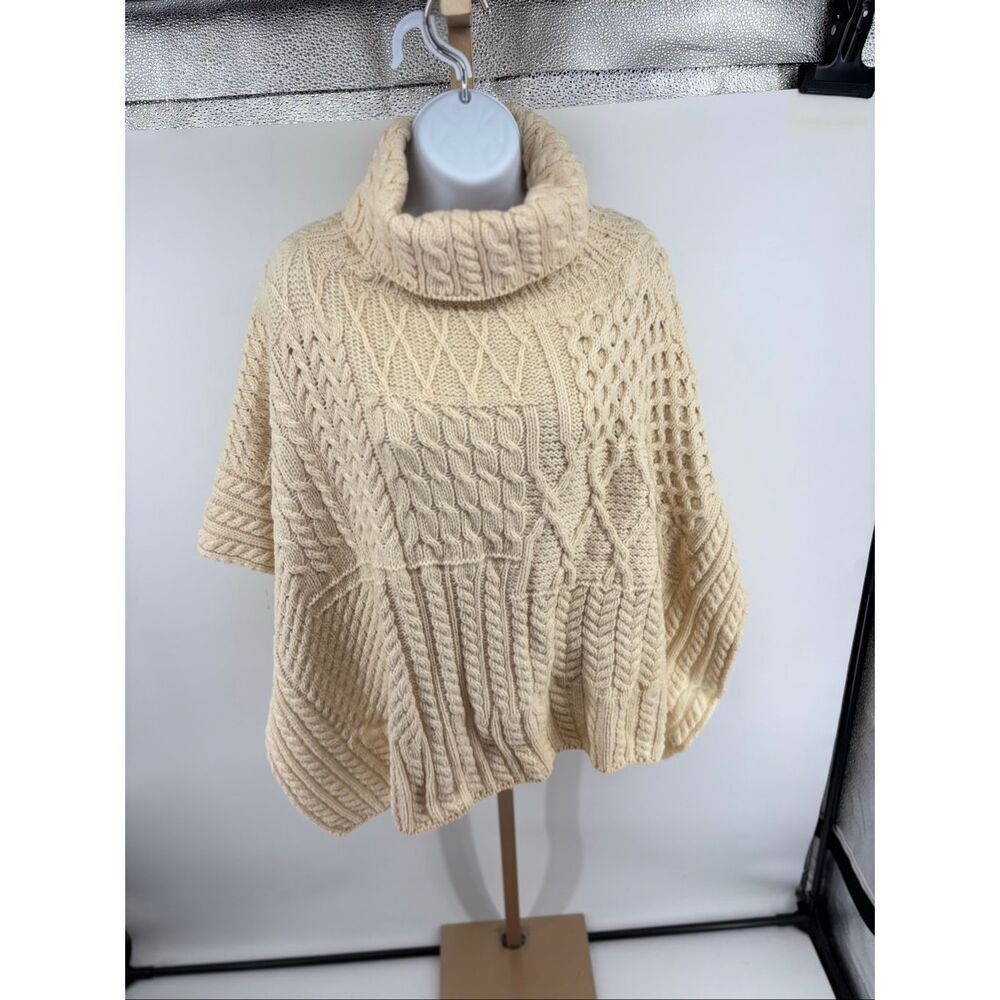 Carraig Donn Merino Wool Cable Knit Poncho Cape Turtleneck OS Made in Ireland